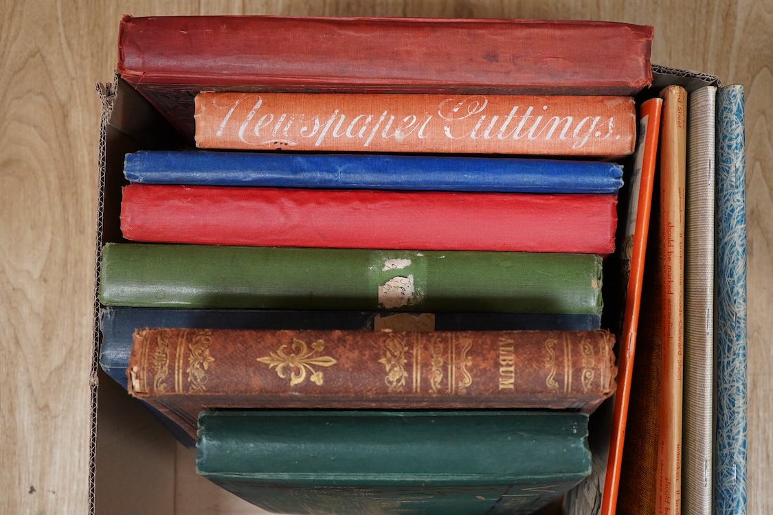 A collection of Victorian and later scrap books containing decoupage, newspaper cuttings and cutout prints